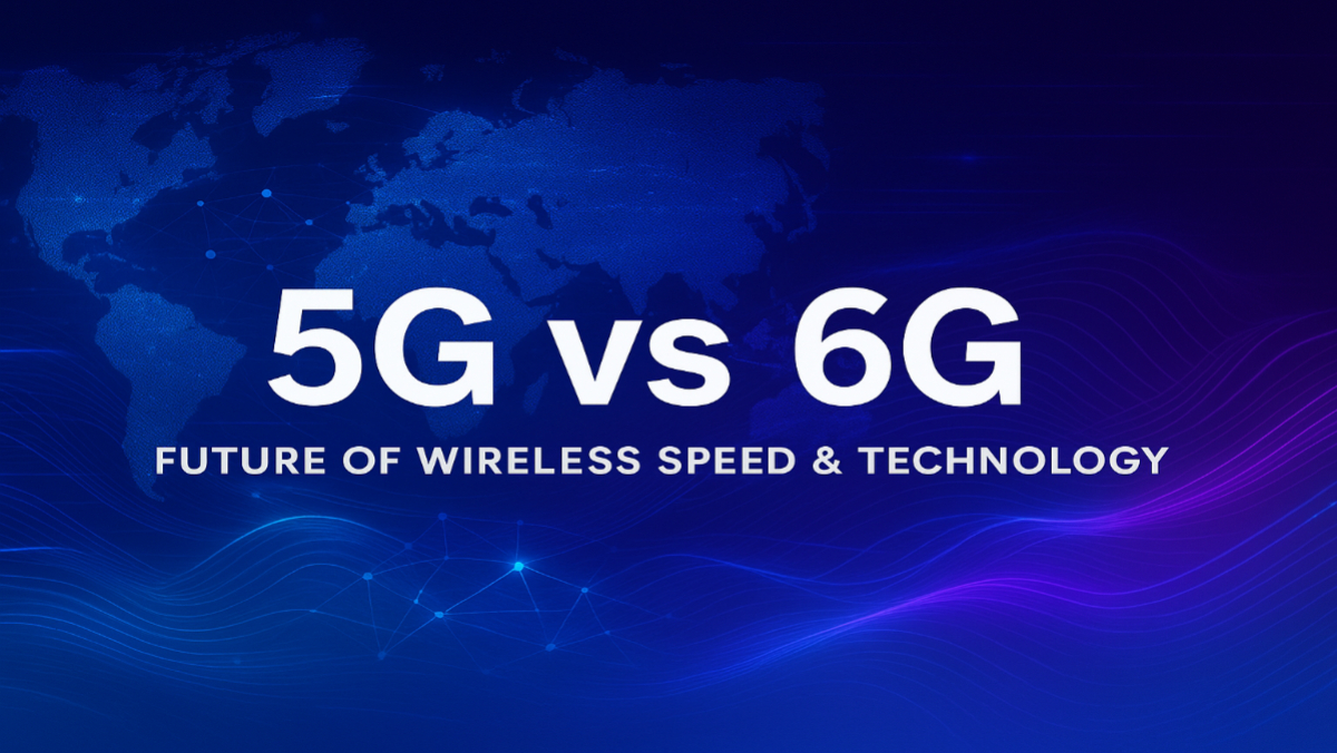 "5G vs 6G comparison graphic showing futuristic wireless technology, digital waves, holographic world map, and high-speed network visualization for telecom article."