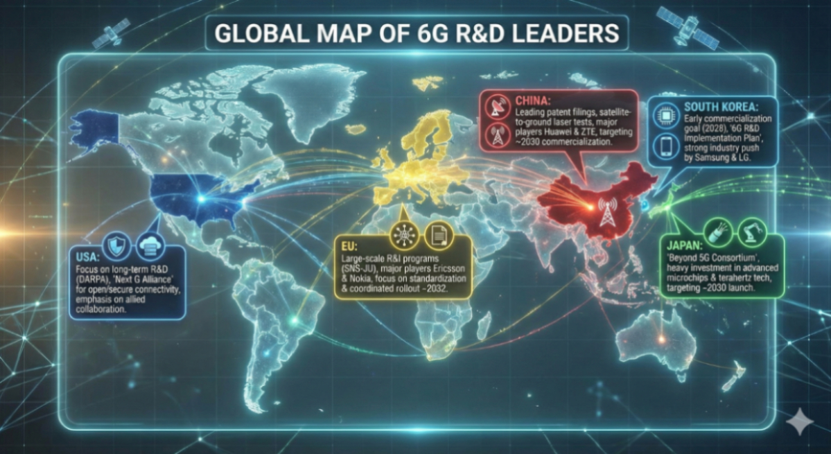 Global map showing countries leading in 6G research and development.