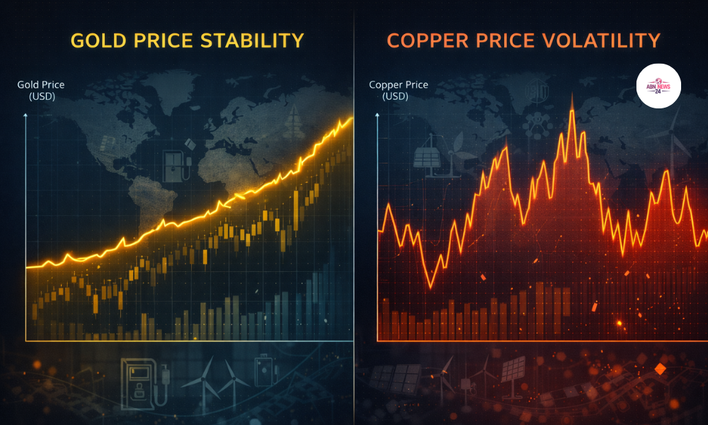 Gold price stability graph compared with copper growth trend chart for investment analysis